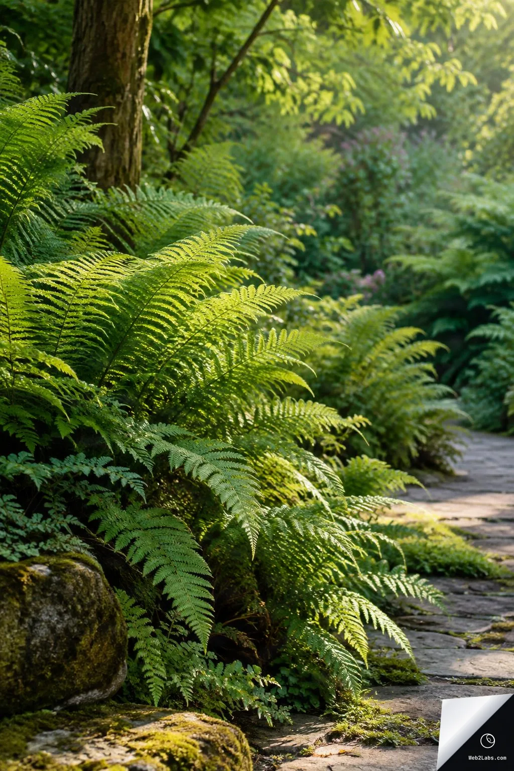 Sunlit green fern fronds growing beside a stone garden path, with a tree trunk and soft-focus greenery in the background.