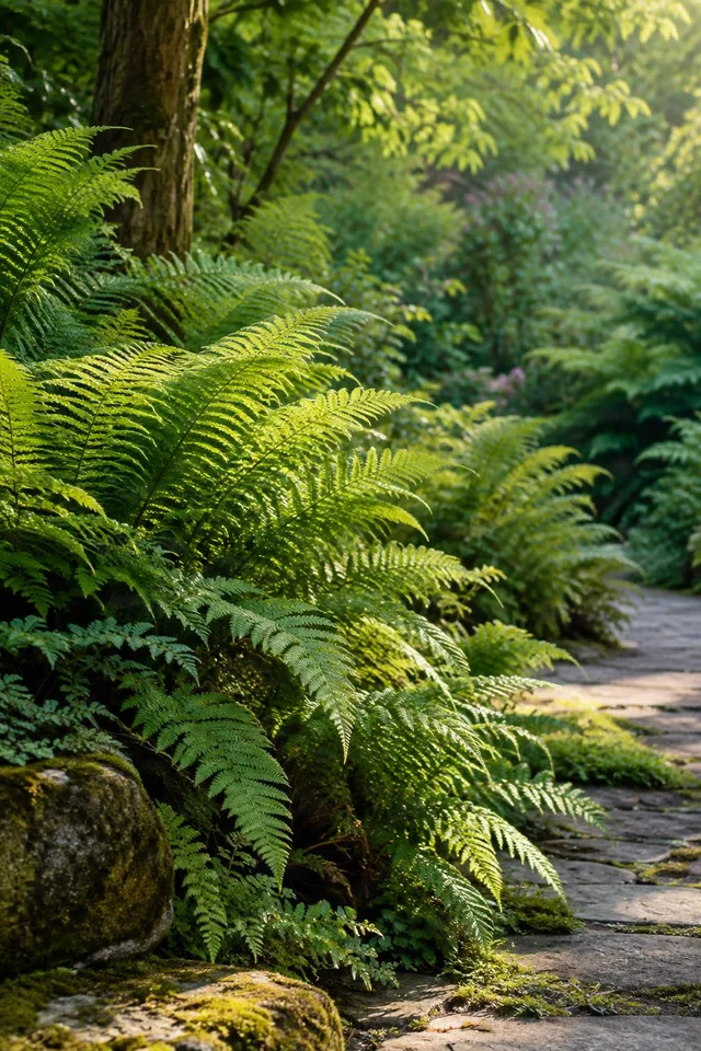 Sunlit Ferns Beside Garden Path