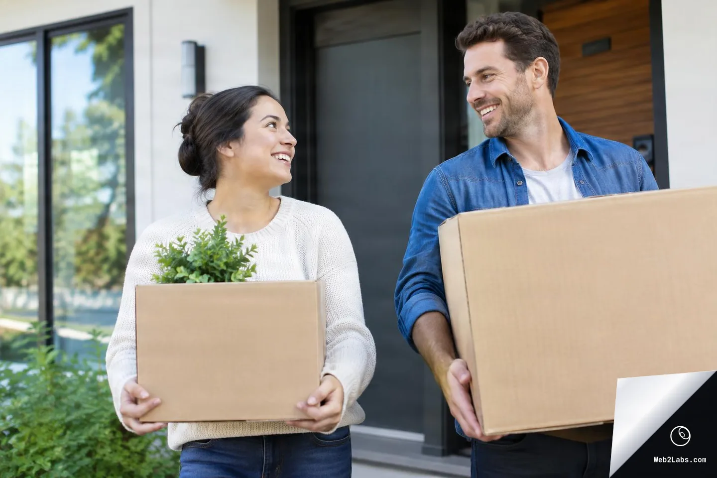 A smiling couple stands outside a modern home entrance, each holding a cardboard moving box, looking at each other.