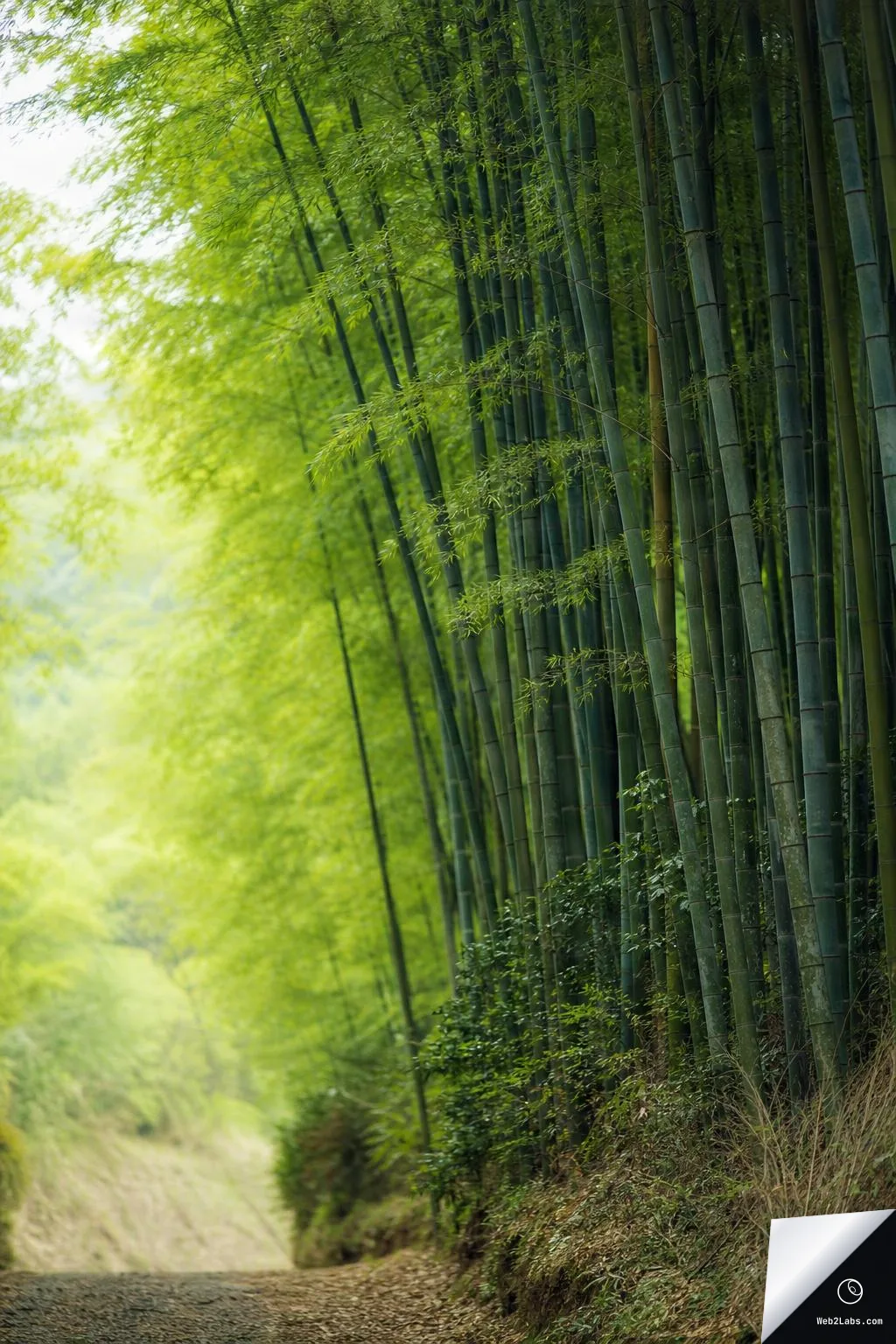 Tall green bamboo stalks clustered on the right side of a vertical frame, with a softly blurred green background and open space on the left above a dirt path and hillside.
