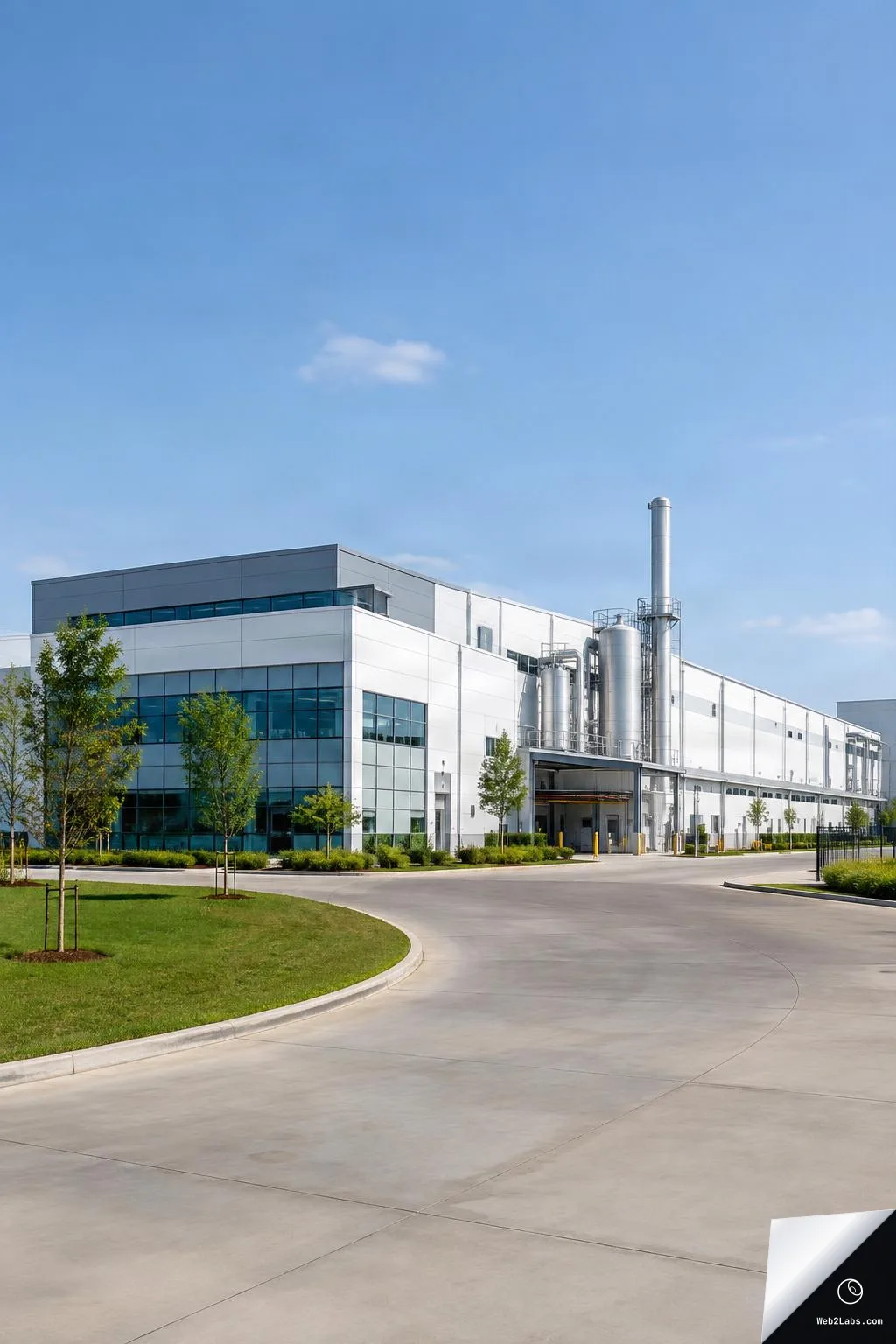 Vertical photo of a modern white industrial manufacturing facility with large windows, stainless steel tanks and a tall stack, a curved concrete driveway, green landscaping, and a clear blue sky.