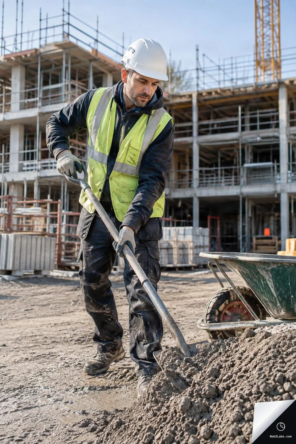Construction worker wearing a white hard hat and yellow safety vest shovels gravel on a building site next to a wheelbarrow, with scaffolding and a partially built structure behind him.