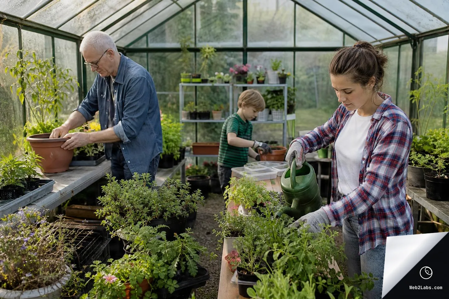 Wide shot inside a glass greenhouse with a woman watering potted seedlings, an older man potting a plant on a bench, and a child working with plants among trays and pots.