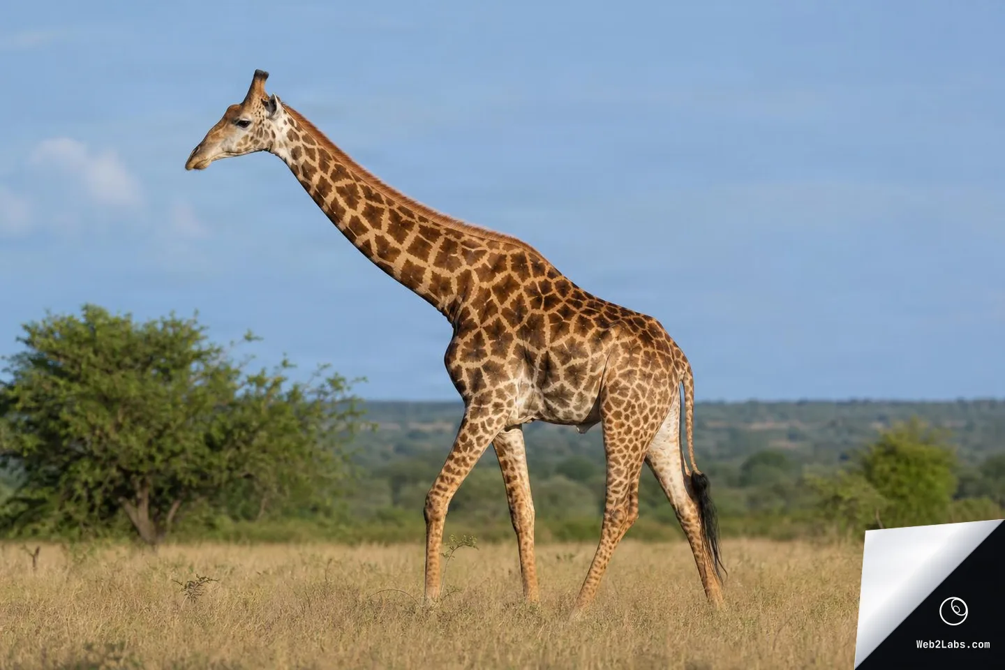 A single giraffe in side profile walking across dry savanna grass under a clear blue sky, with scattered green trees and a distant horizon in the background.