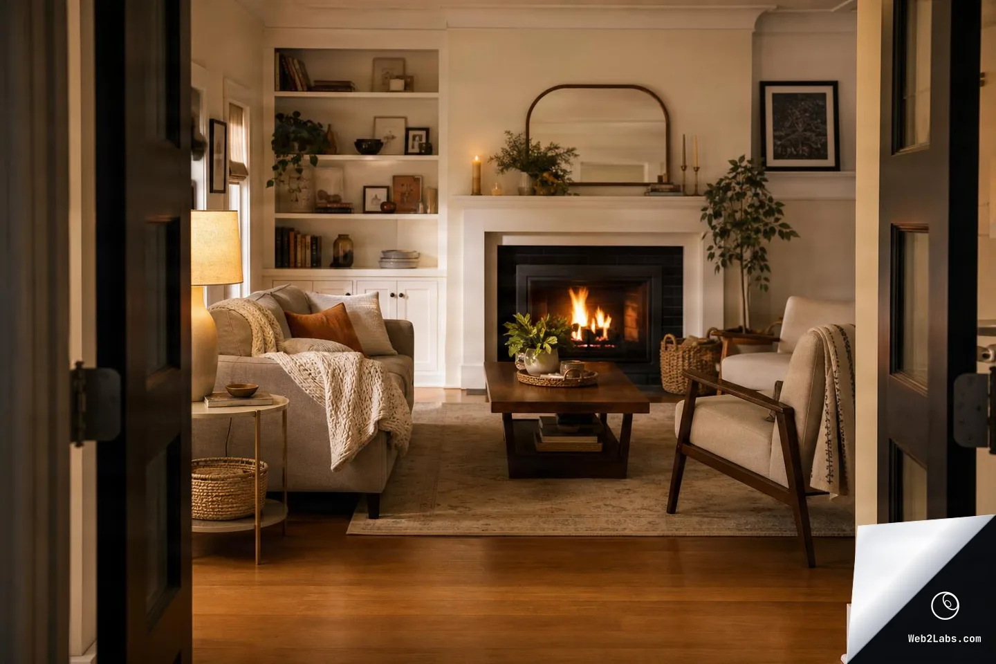 View through open double doors into a cozy living room with a sofa and armchair, coffee table, built-in shelves, and a lit fireplace beneath a large mirror.