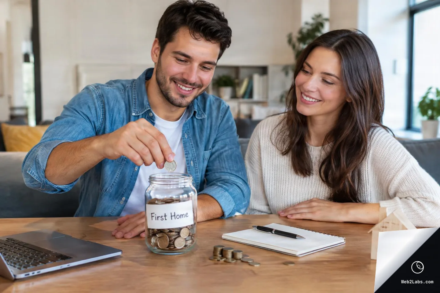 A young couple sits at a wooden table as the man drops a coin into a glass jar labeled "First Home," with coins, a notebook, a laptop, and a small wooden house model on the table.