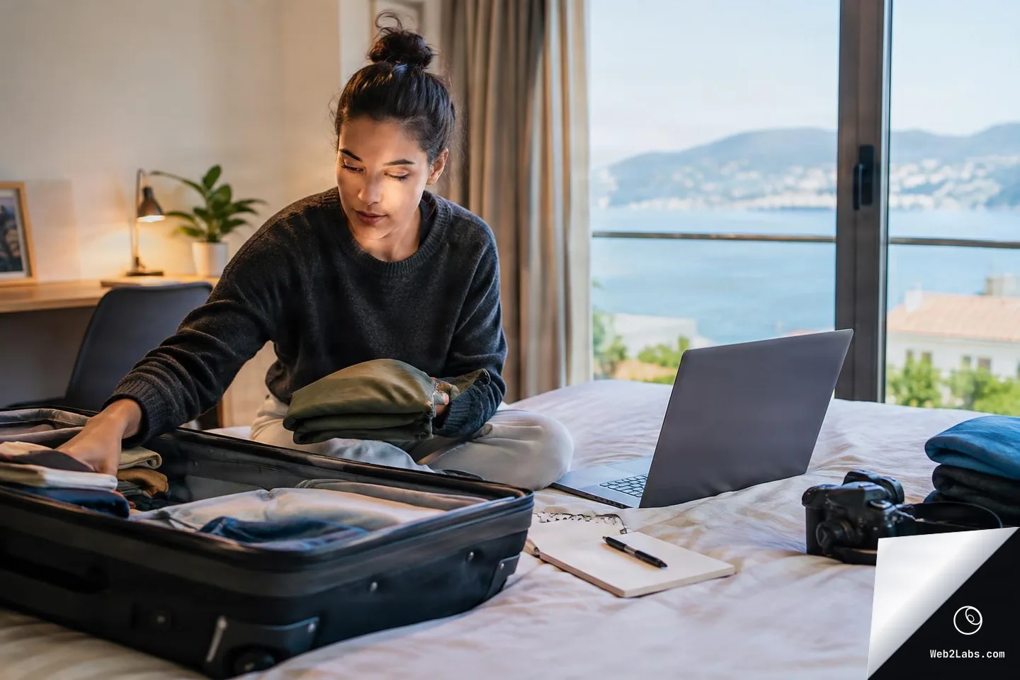 Woman sitting on a bed packing clothes into an open suitcase, with a laptop, camera, and notebook on the bed near a window overlooking the sea and hills.