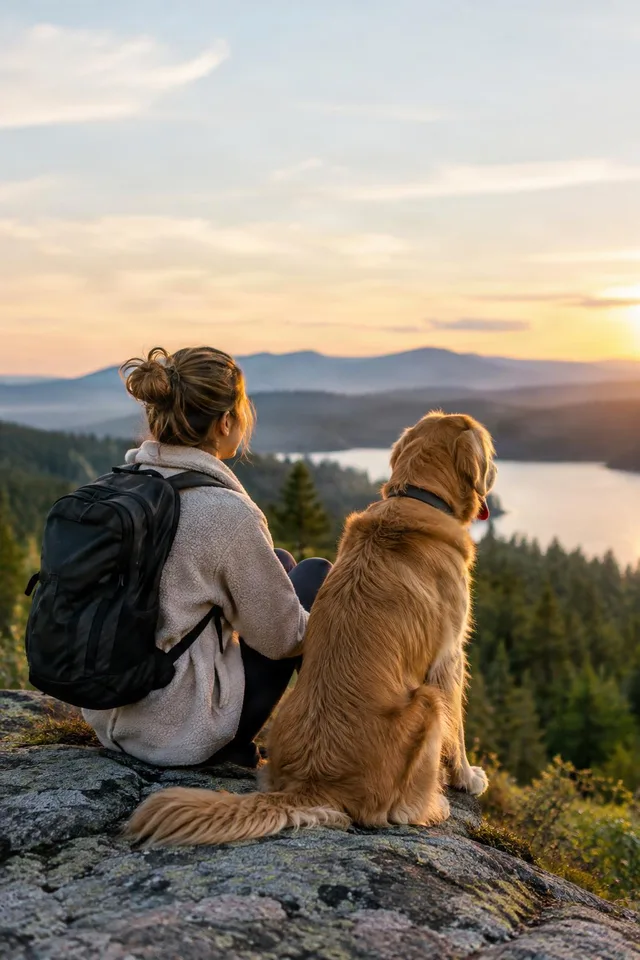 Hiker and Dog at Sunset Overlook