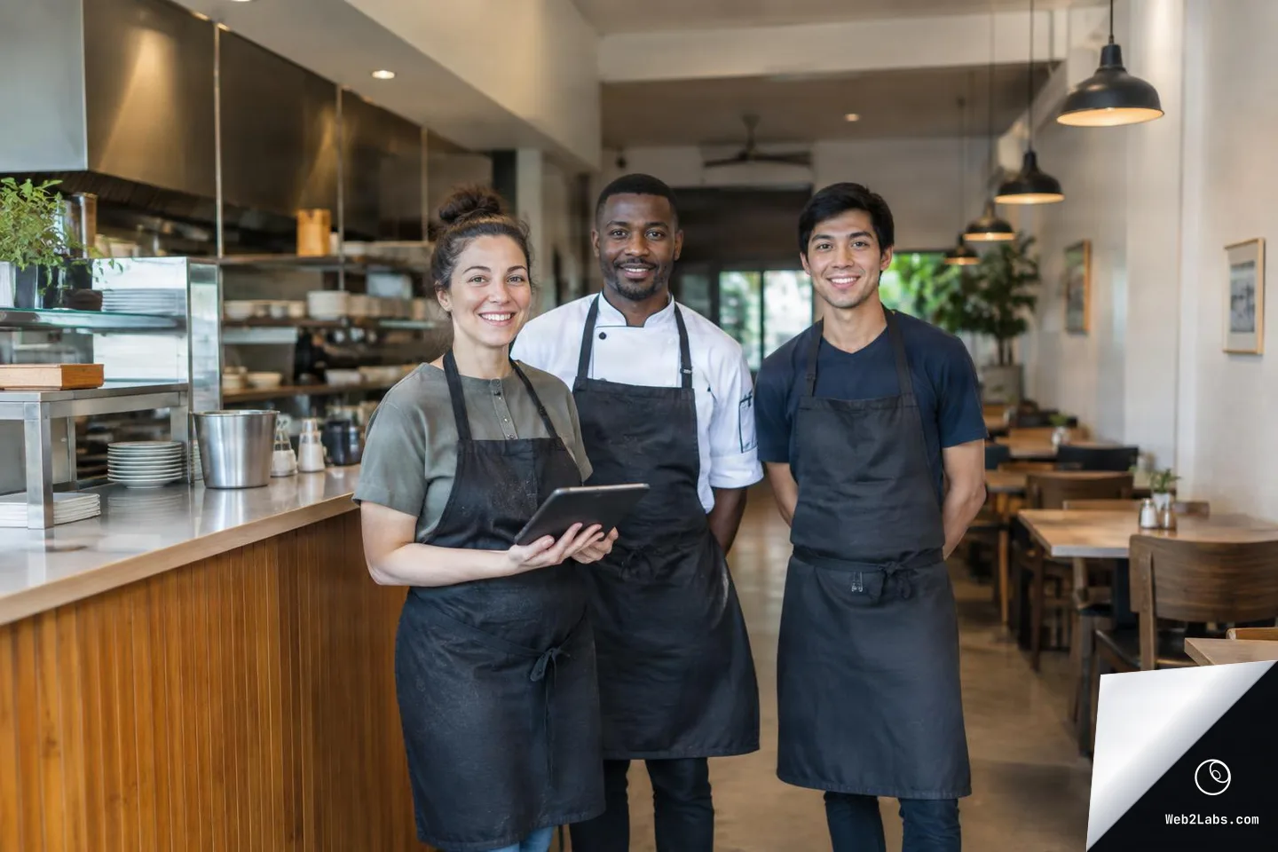 Three restaurant staff members in aprons standing together in a modern casual restaurant, with the open kitchen on the left and empty tables on the right.
