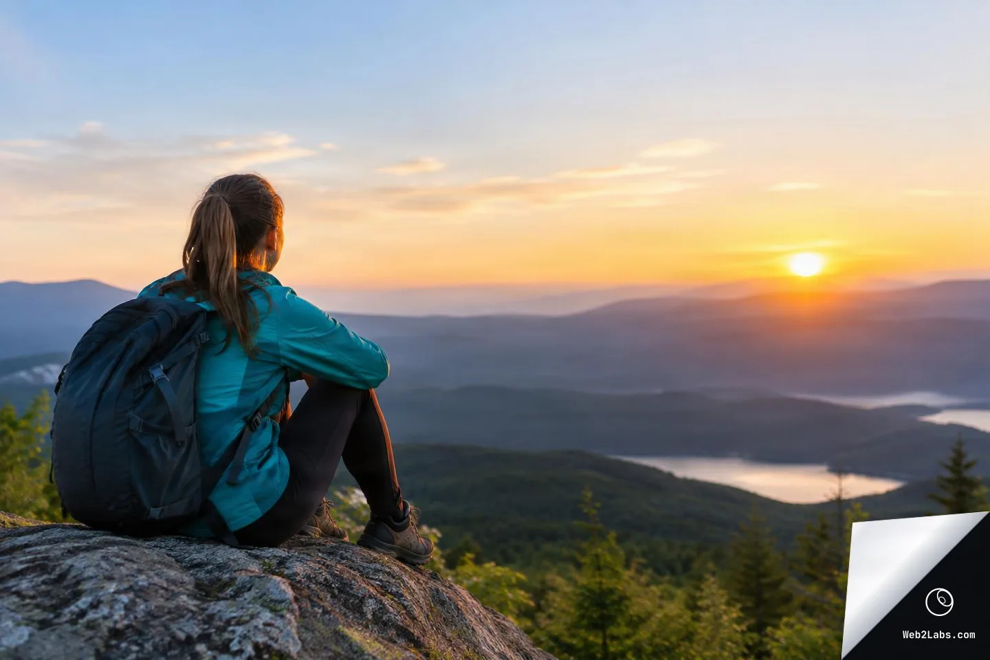 Person with a backpack sitting on a rock ledge, looking out at a sunrise over distant mountains and lakes under a clear sky
