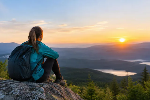 Hiker Watching Sunrise Over Mountains