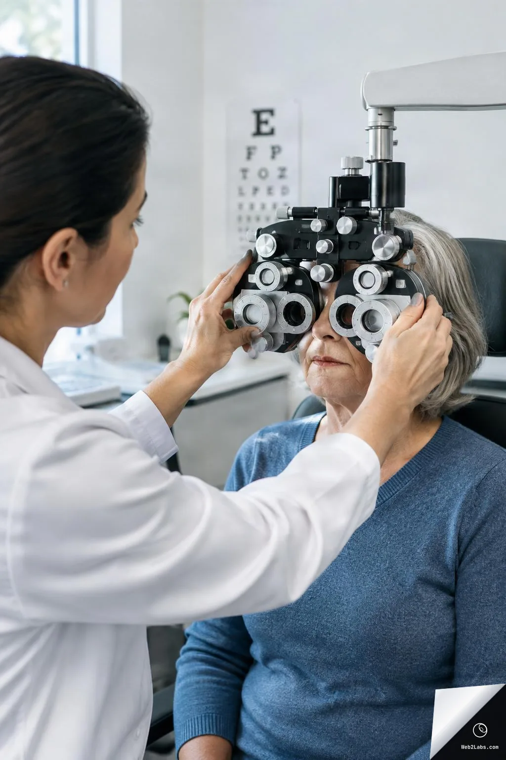 Optometrist in a white coat adjusts a phoropter on an older woman seated in an exam chair, with an eye chart on the wall in a bright clinic.