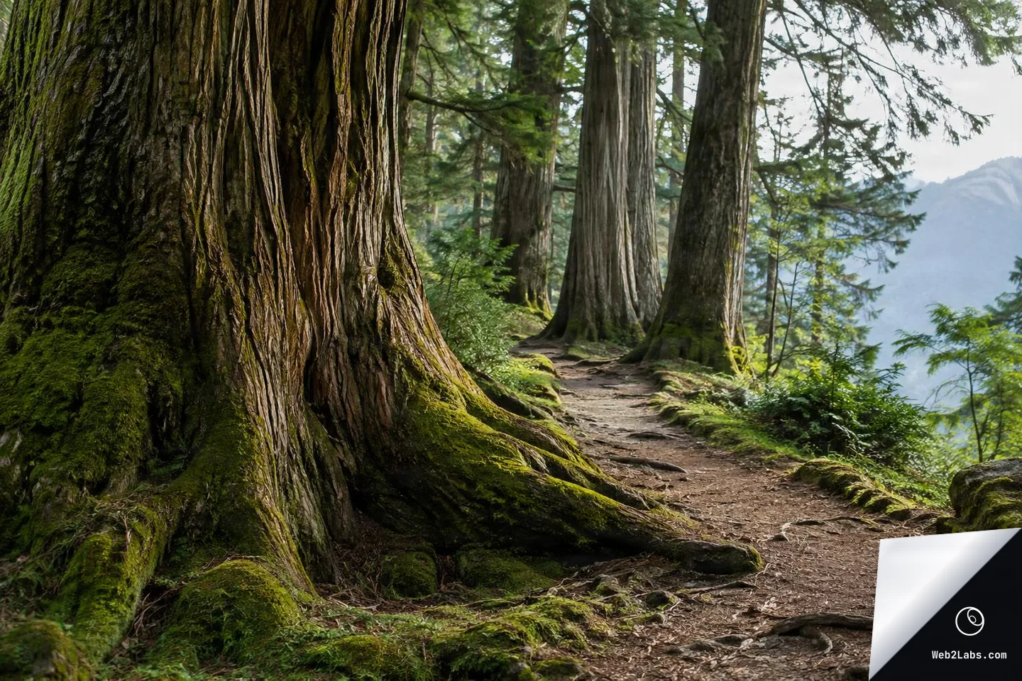 Moss-covered roots of a large tree beside a dirt trail leading through tall evergreen trunks in a forest, with distant mountains faintly visible through the trees.