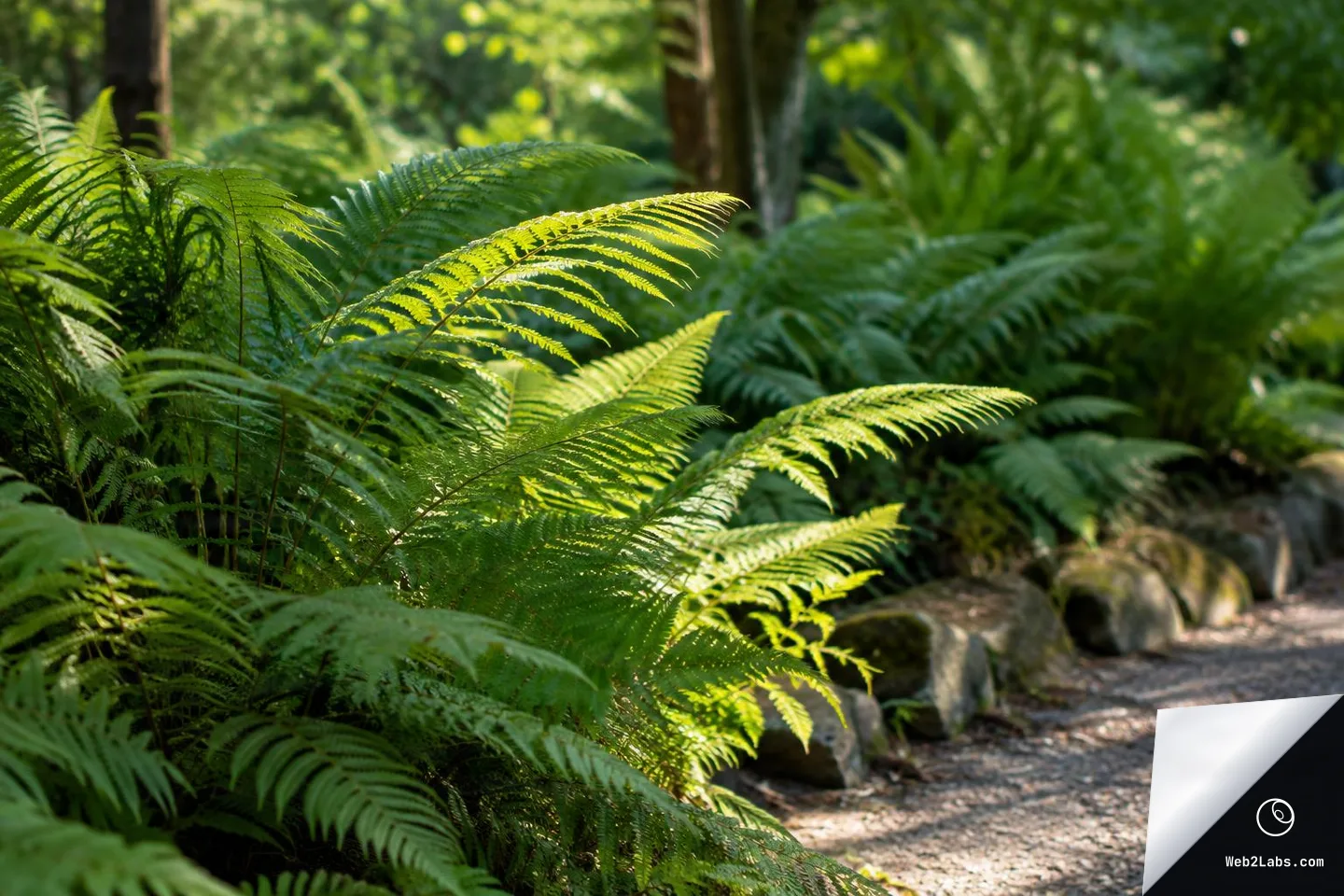 Green fern fronds lit by warm sunlight next to a gravel path bordered with stones, with a softly blurred fern-filled garden in the background.