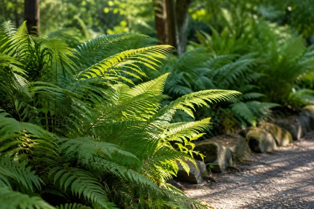 Sunlit Ferns Along Garden Path