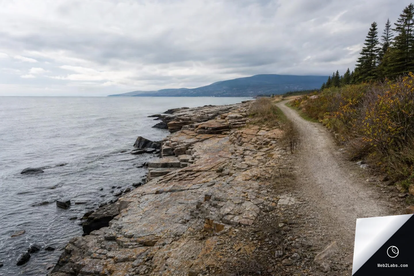 A gravel footpath runs along a rocky shoreline beside calm water, with evergreen trees and shrubs on the right and distant hills under an overcast sky.