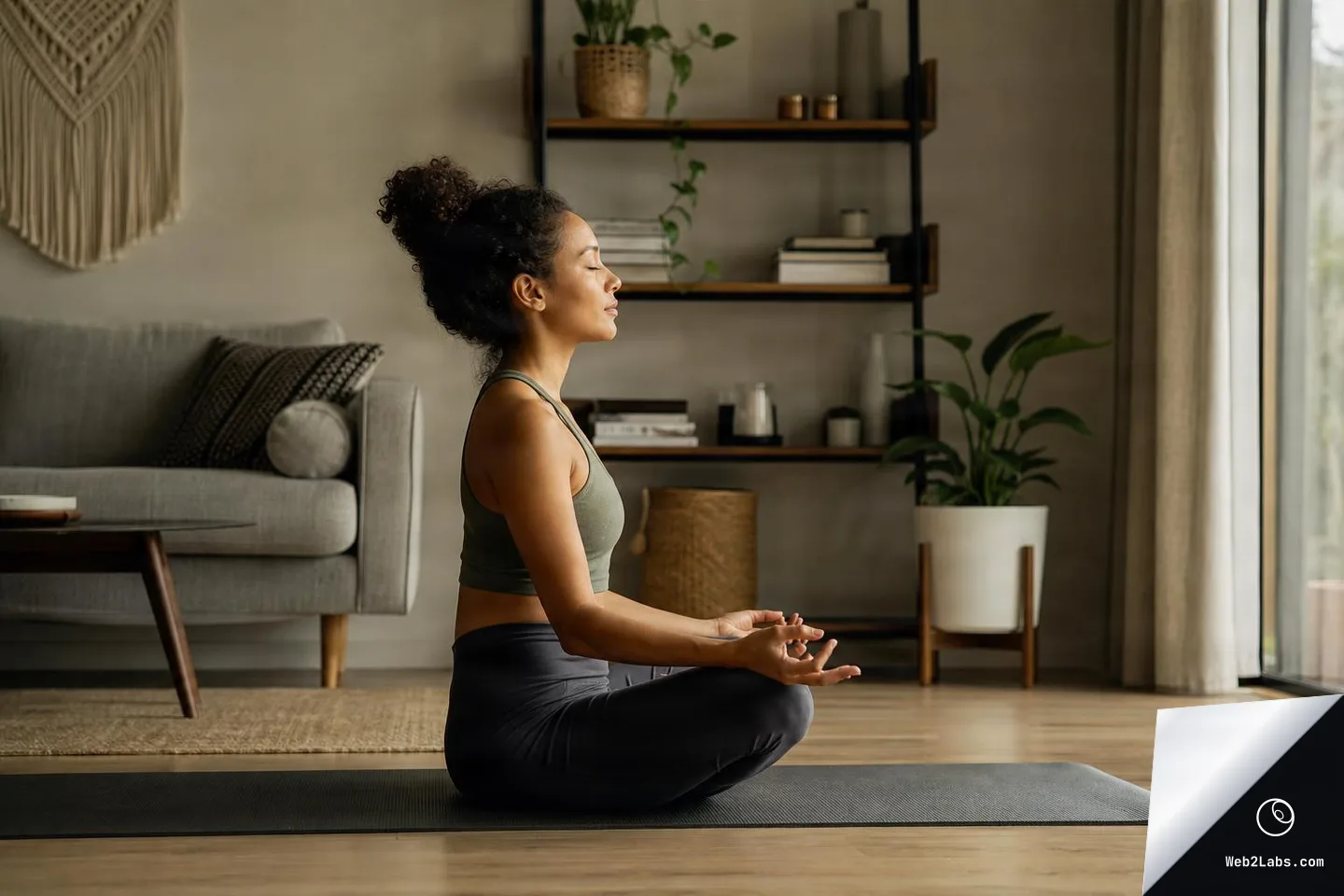 Side profile of a woman sitting cross-legged on a yoga mat and meditating in a cozy living room with a sofa, shelves, and plants, lit by soft window light.