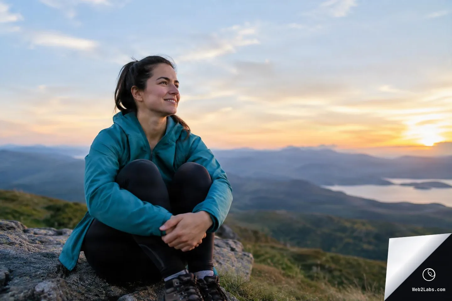 Woman in a teal jacket sits on a rock on a hillside at sunrise, looking to the left with mountains and a lake in the distance.