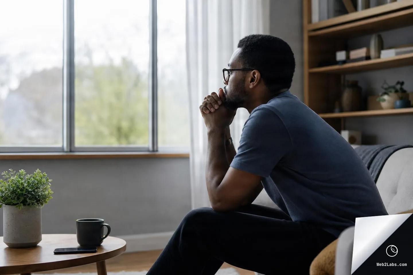 Man wearing glasses sits on a couch by a window with hands clasped, looking outside; a phone and mug sit on a small table in the foreground.
