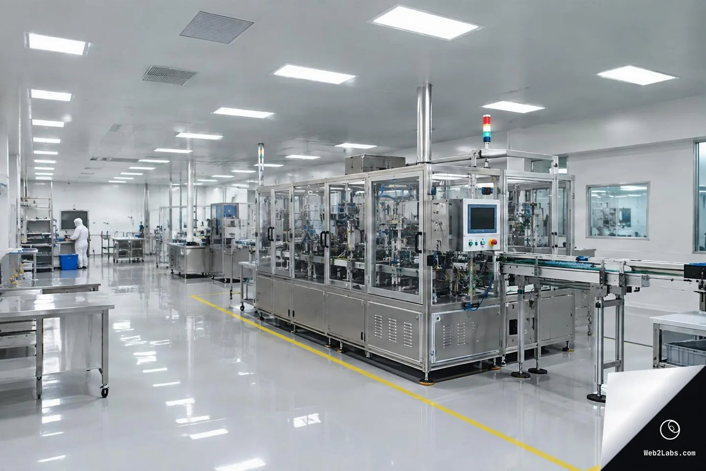Corner viewpoint inside a clean manufacturing facility showing a stainless-steel enclosed production line with conveyor belt, glossy floor reflections, overhead LED panels, and a worker in white cleanroom suit in the background.