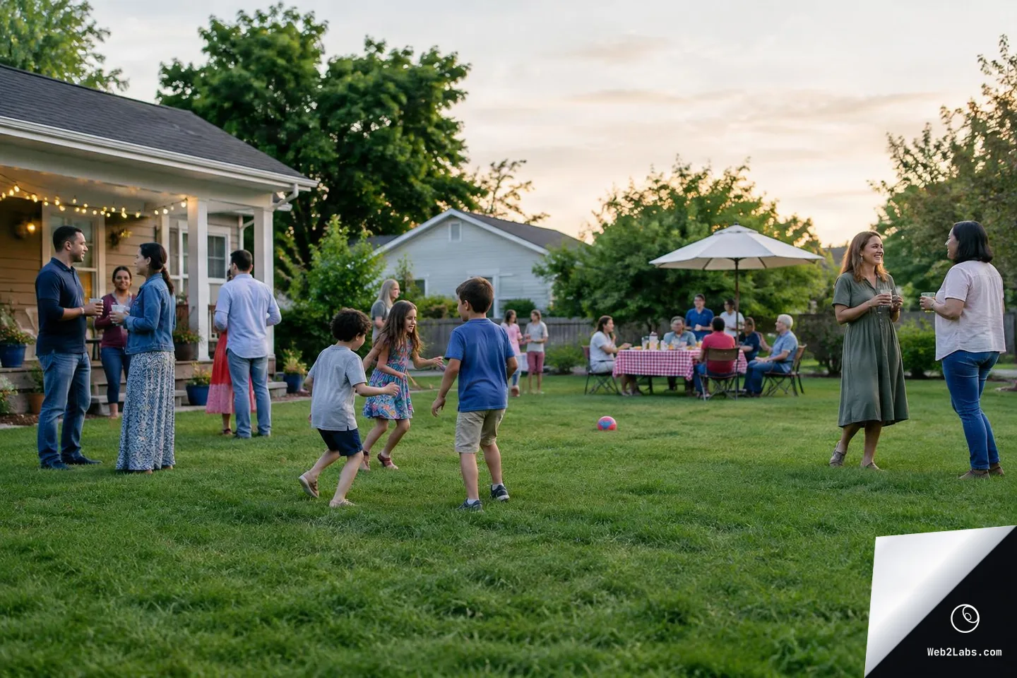 Wide shot of a suburban backyard gathering at sunset with adults chatting in small groups and children playing on the grass, with a table under a patio umbrella in the background.