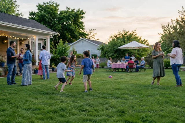 Neighborhood Backyard Gathering at Sunset