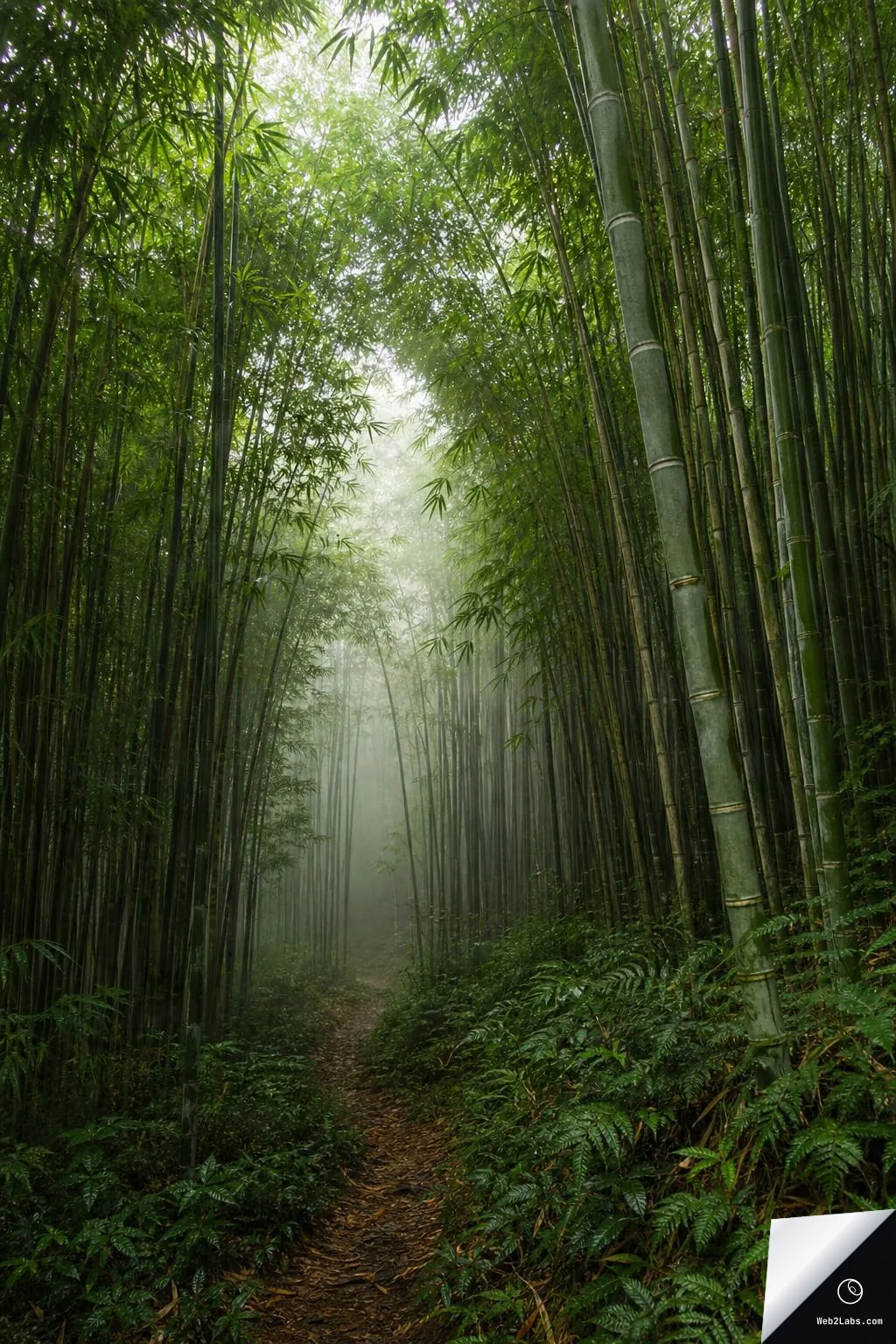 A narrow dirt path runs through a dense bamboo forest, with tall bamboo stalks on both sides and green leaves overhead, fading into mist in the distance.