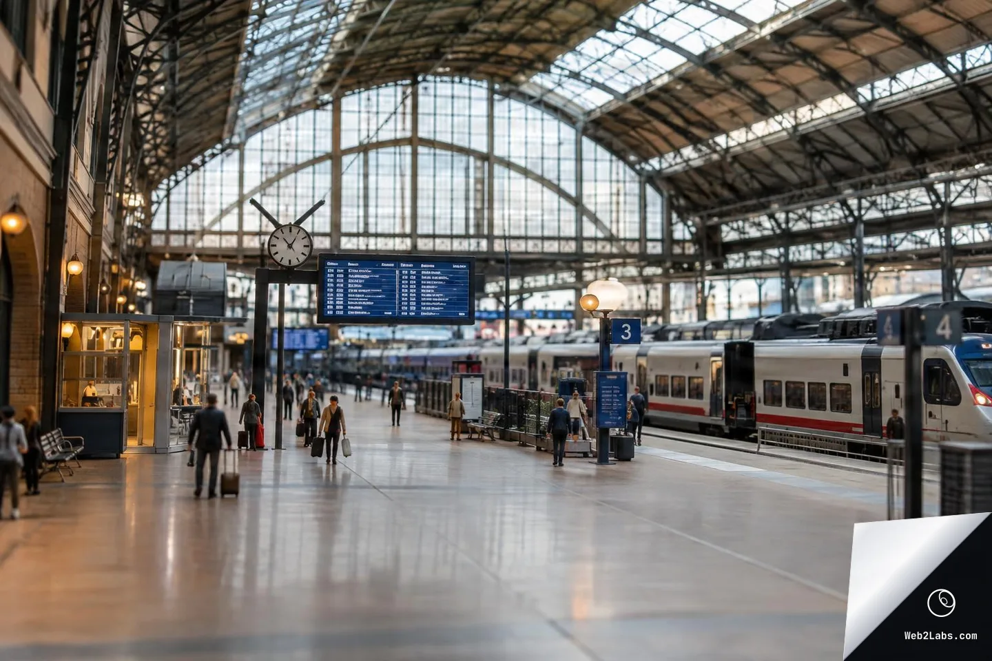 Interior of a spacious railway station hall with a high steel-and-glass roof, a departure board and clock, passengers walking on the concourse, and trains standing at numbered platforms.