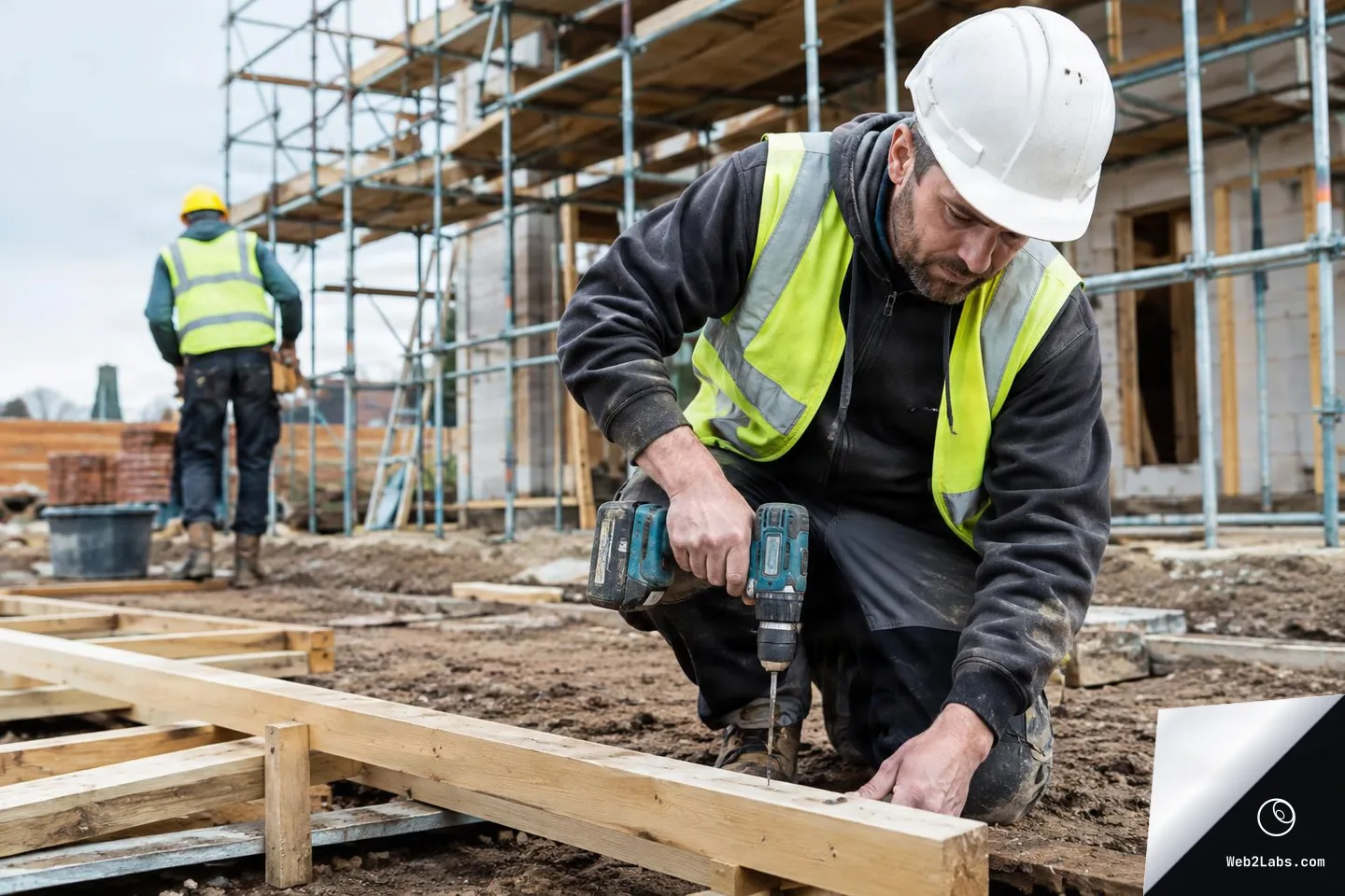 Construction worker in a white hard hat and high-vis vest kneels on muddy ground and drills into a wooden frame, with scaffolding and another worker in the background.