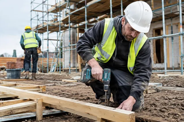 Worker Drilling Timber on Site