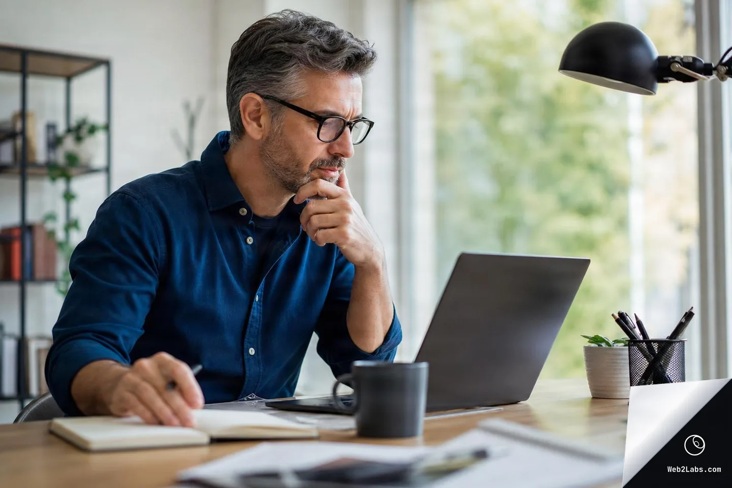Middle-aged man with glasses sits at a home office desk, thoughtfully looking at a laptop while holding a pen over a notebook, with a mug, desk lamp, and pen holder nearby.