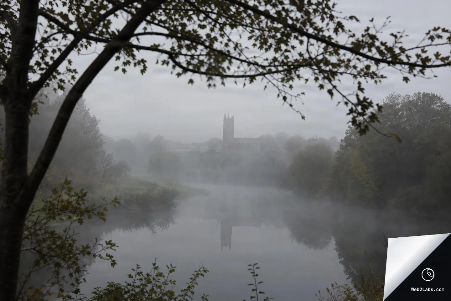 Tree branches frame a foggy river with a distant church tower and treeline fading into the morning mist, reflected in still water.