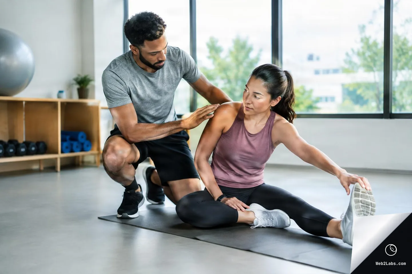 A male trainer kneels beside a woman on a yoga mat as she performs a seated hamstring stretch, reaching toward her extended foot in a modern gym with large windows.