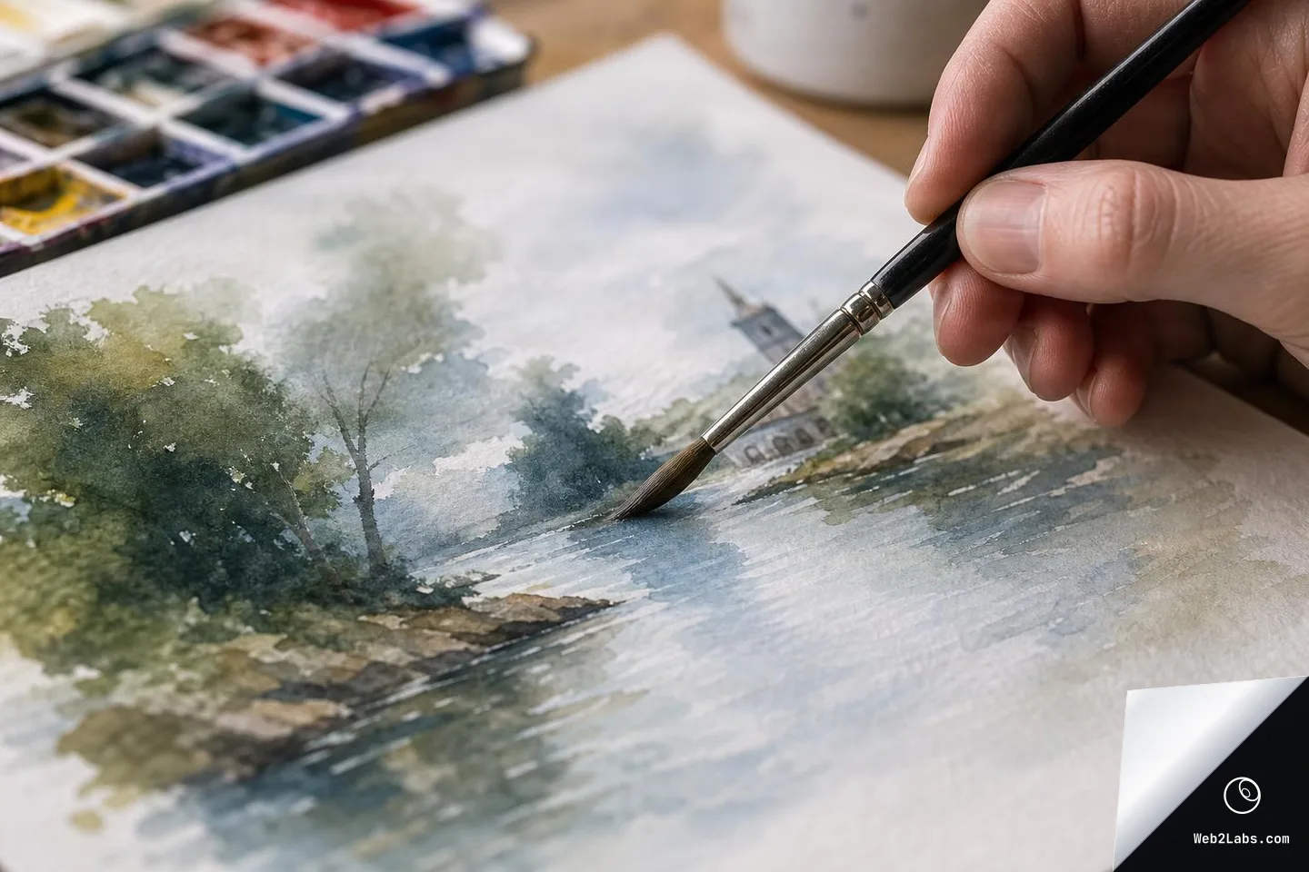 Close-up of a person's hand holding a paintbrush while painting a watercolor landscape with trees and a river on textured paper, with a watercolor palette blurred in the background.