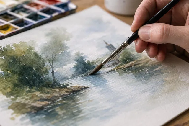 Watercolor Artist Painting Landscape Detail