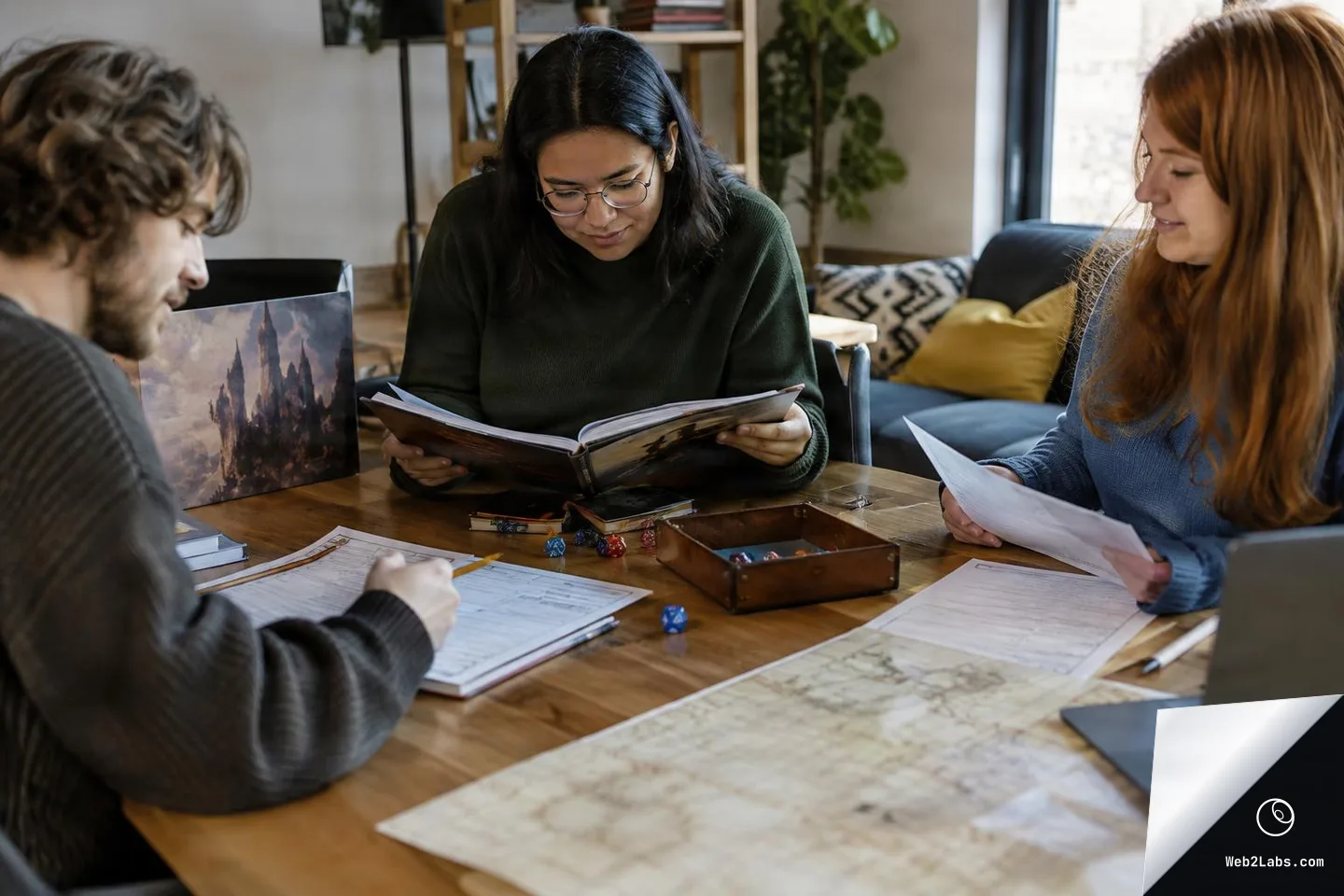 Three people at a wooden table preparing a tabletop roleplaying game, with one reading a hardcover rulebook while others review character sheets; polyhedral dice, a dice tray, and a large map are spread across the table in a cozy living room.