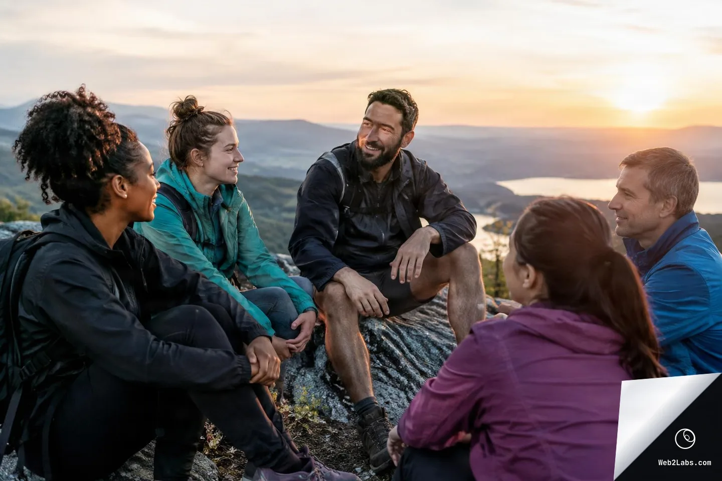 Five hikers sit in a small circle on a rocky mountain overlook, smiling and talking with a lake and rolling mountains in the background at sunset.