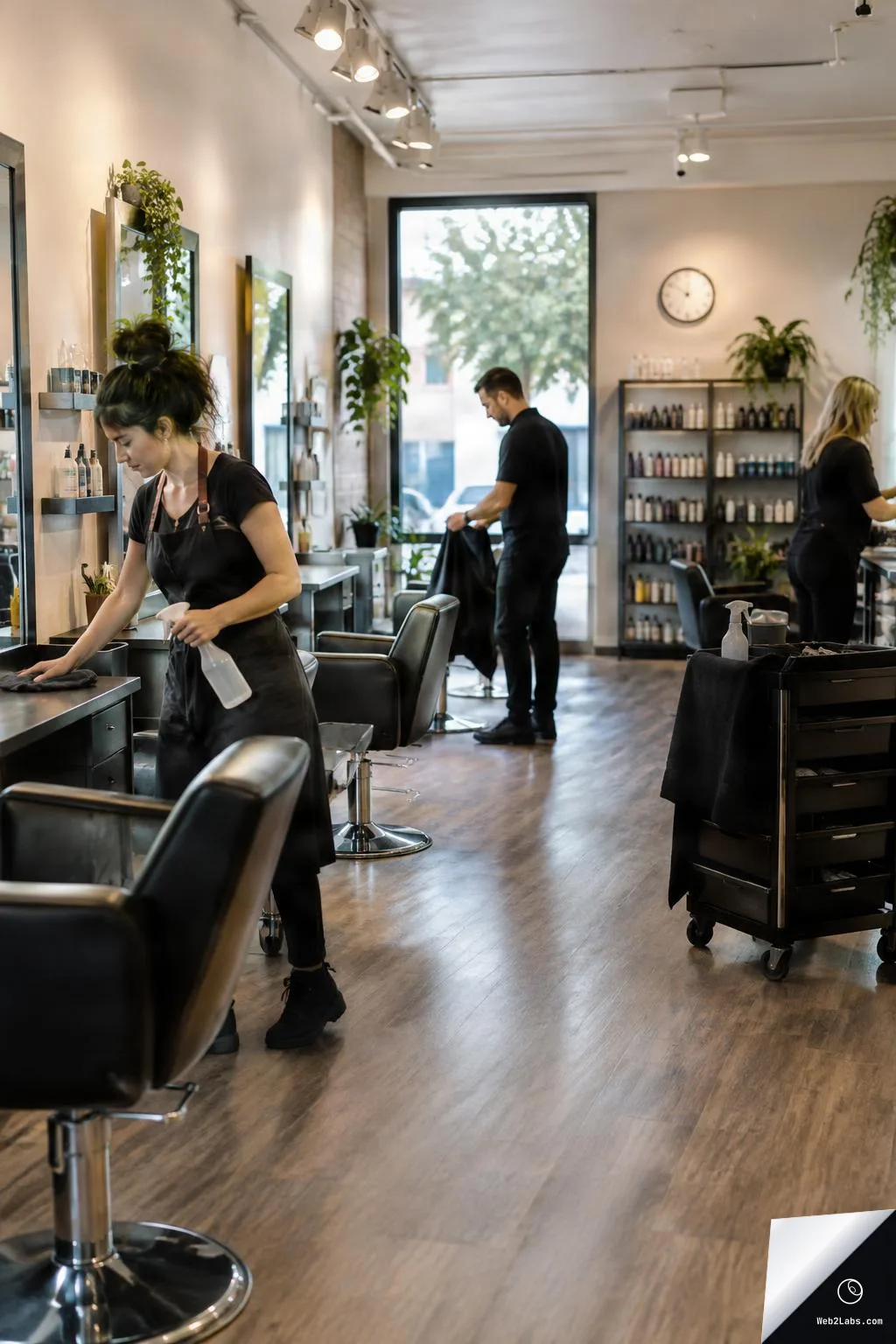 Three salon workers clean and reset styling stations in a modern hair salon, with chairs, product shelves, and a large front window in the background.