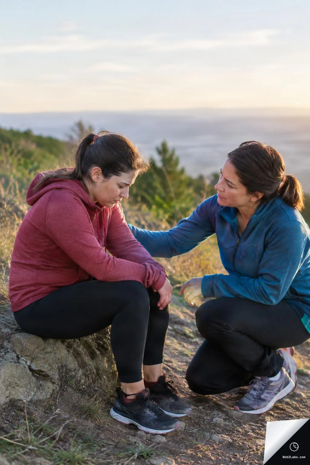 Two women in athletic clothing on a hillside at sunset, one seated looking down while the other kneels beside her and places a hand on her shoulder in a comforting gesture.