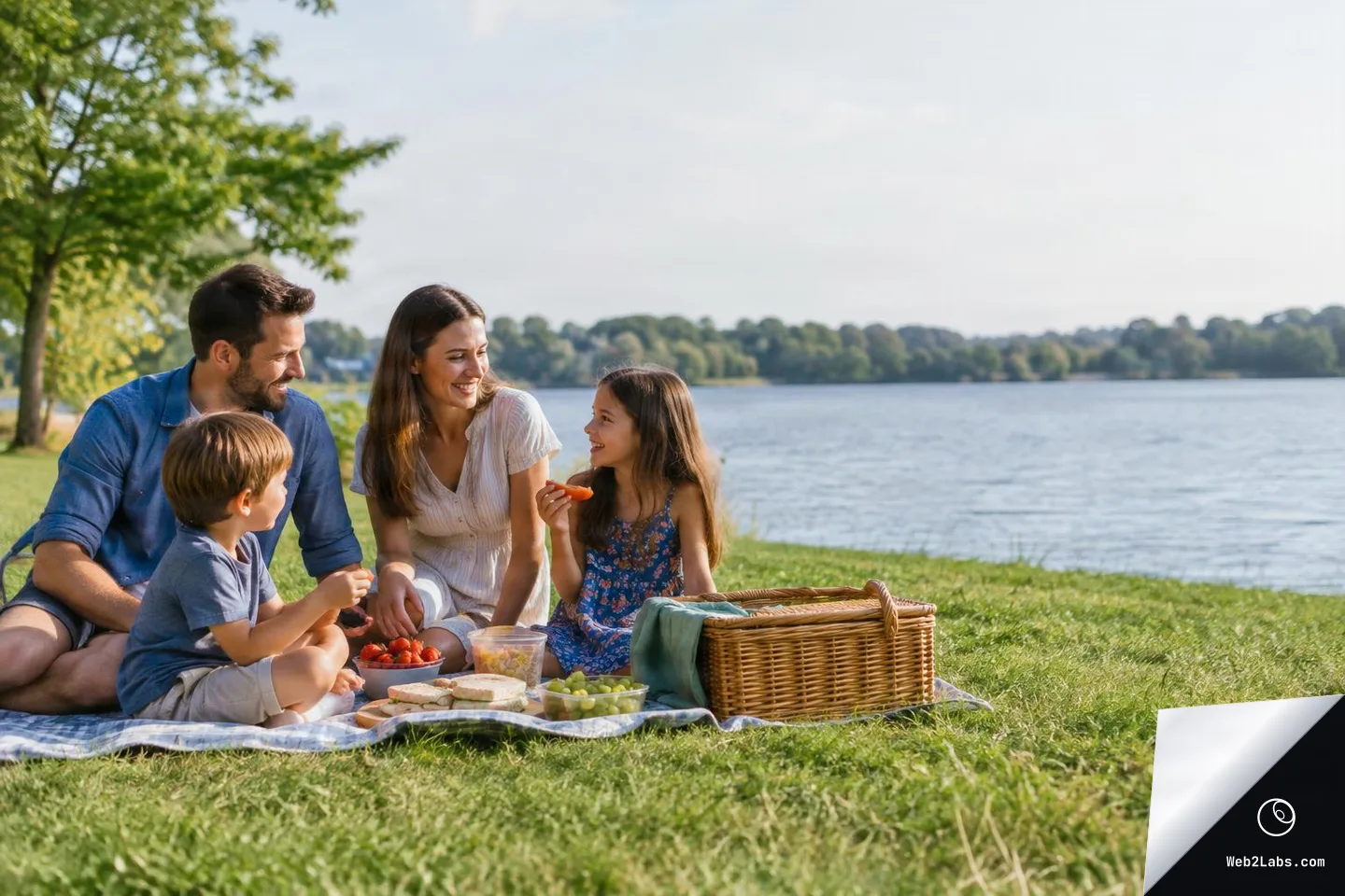 Family of four sitting on a picnic blanket near a lake, smiling and eating snacks beside a wicker picnic basket, with open grassy area and water in the background.