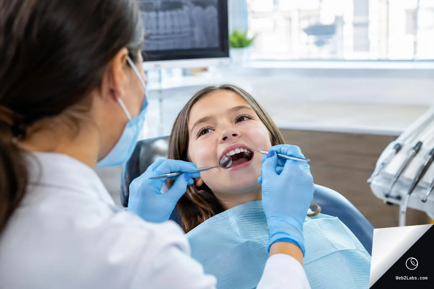 Over-the-shoulder view of a masked dentist wearing blue gloves examining a young girl's teeth with a dental mirror while she sits in a dental chair.