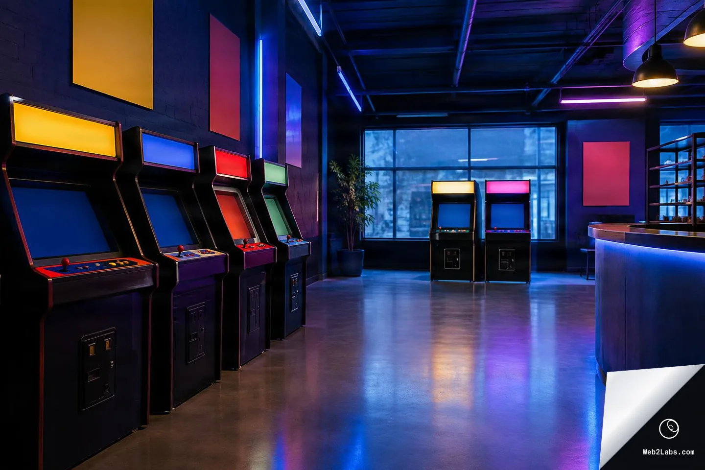 Wide view of an empty arcade with several retro game cabinets along the left wall, two cabinets near a large window at the back, and neon tube lights casting blue and purple reflections on the polished floor.
