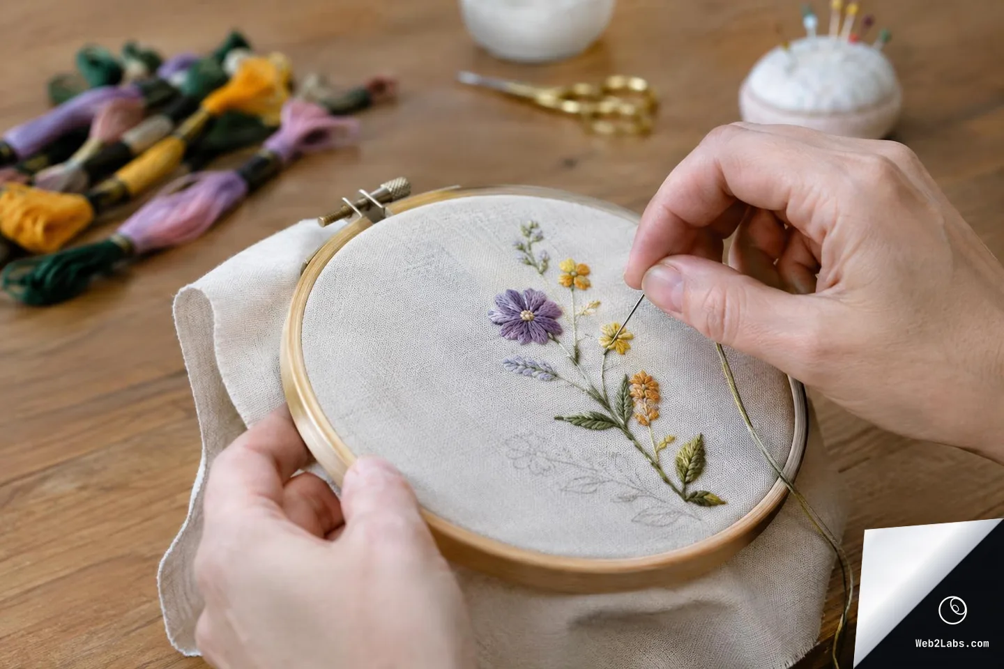 Close view of two hands stitching a floral embroidery design in a wooden hoop on linen fabric, with embroidery floss and sewing tools blurred on a wooden table in the background.