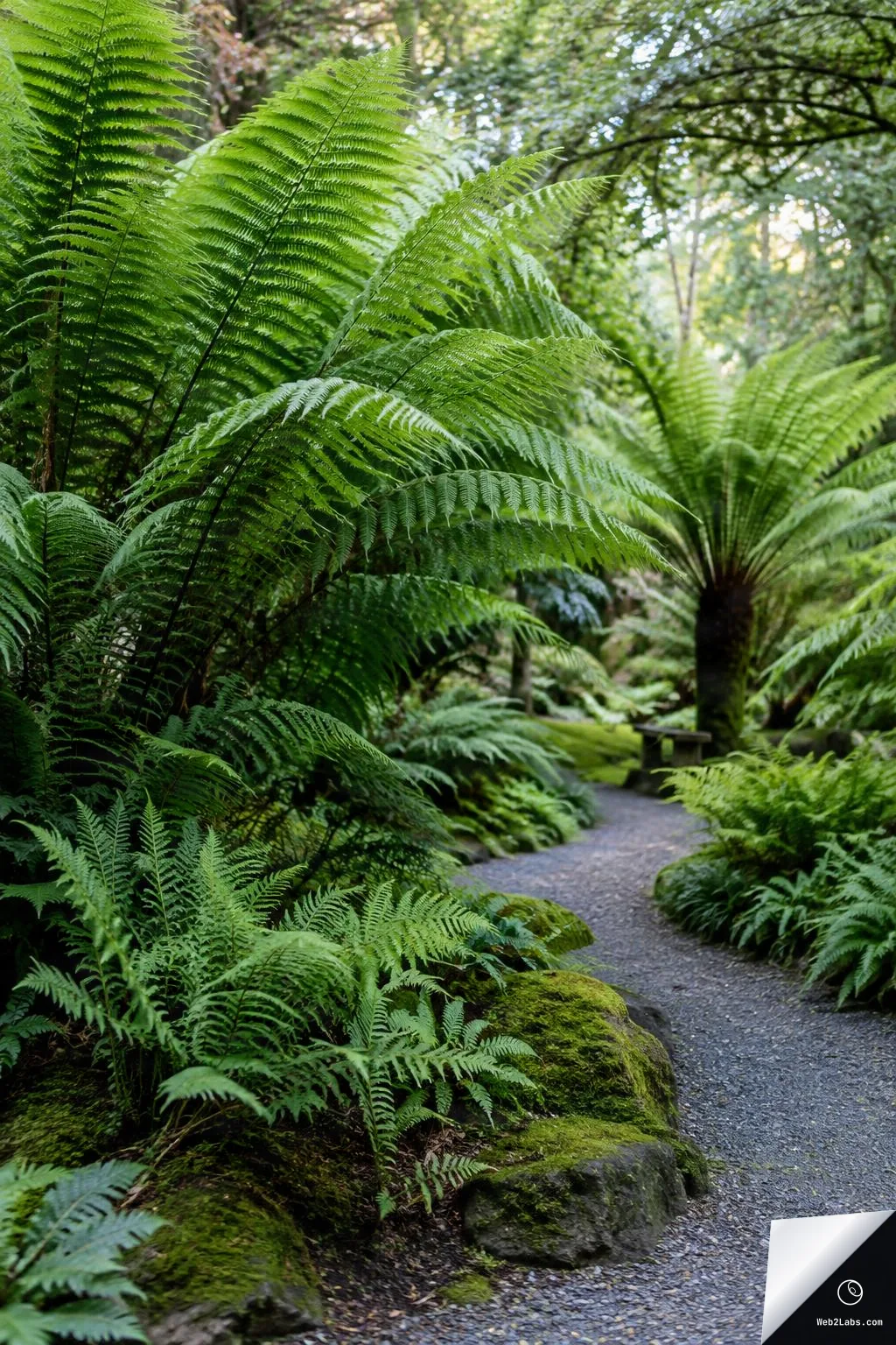 Vertical photo of dense green ferns and moss along a winding gravel path in a shaded garden, with tall fern fronds arching overhead and a small bench in the background.