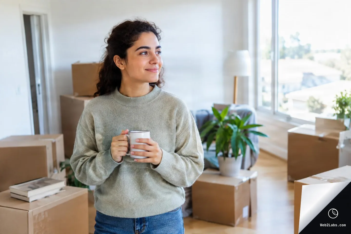 Woman holding a mug and smiling softly in a bright room with cardboard moving boxes, a houseplant, and large windows in the background.