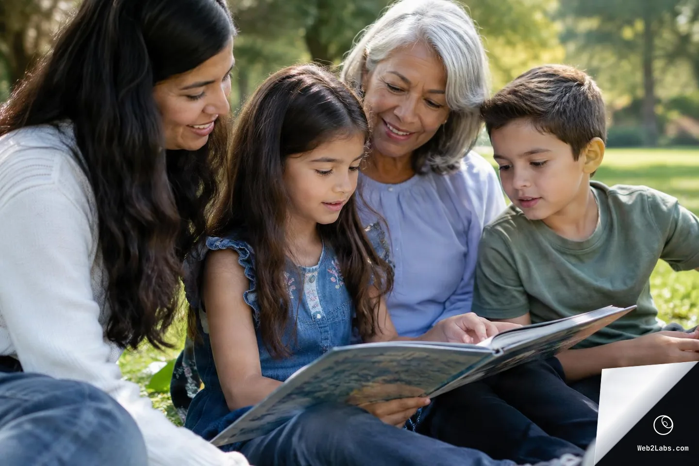 A woman, an older woman, a young girl, and a young boy sit close together on the grass in a sunny park, smiling and looking at an open book.