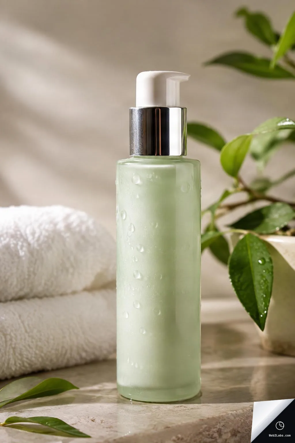 Frosted light-green pump bottle with water droplets on a stone surface, with folded white towels and green leaves in soft focus behind it.