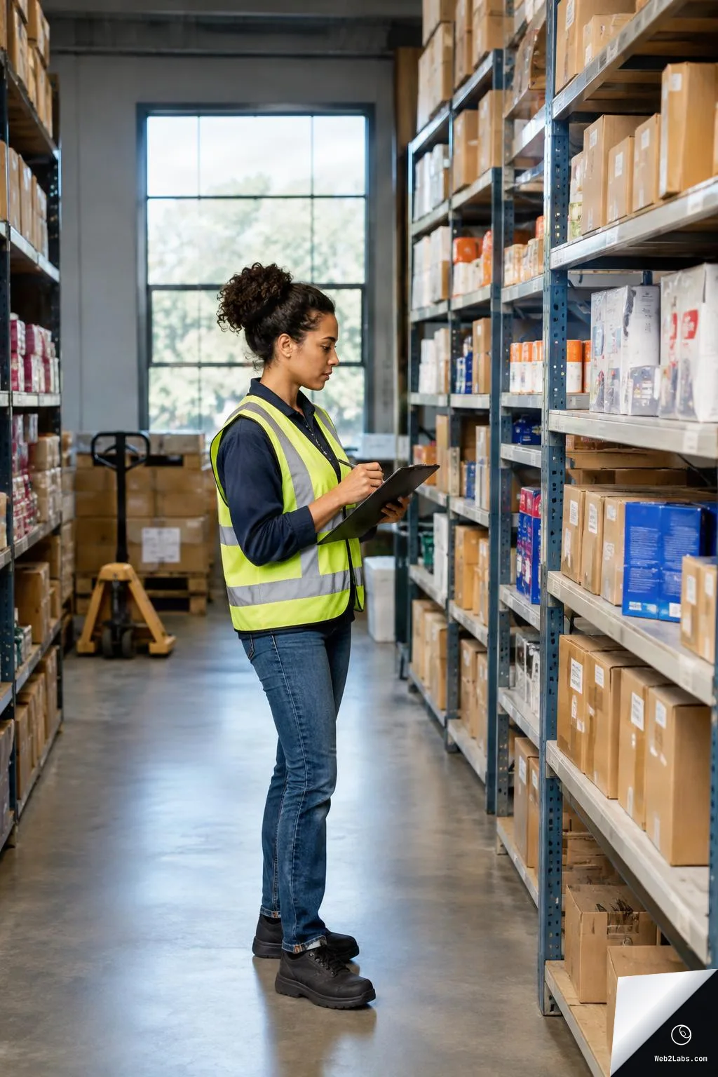 Warehouse worker in a high-visibility vest stands in an aisle checking inventory on a clipboard beside metal shelving filled with boxes and packaged goods, with a pallet jack and large window in the background.