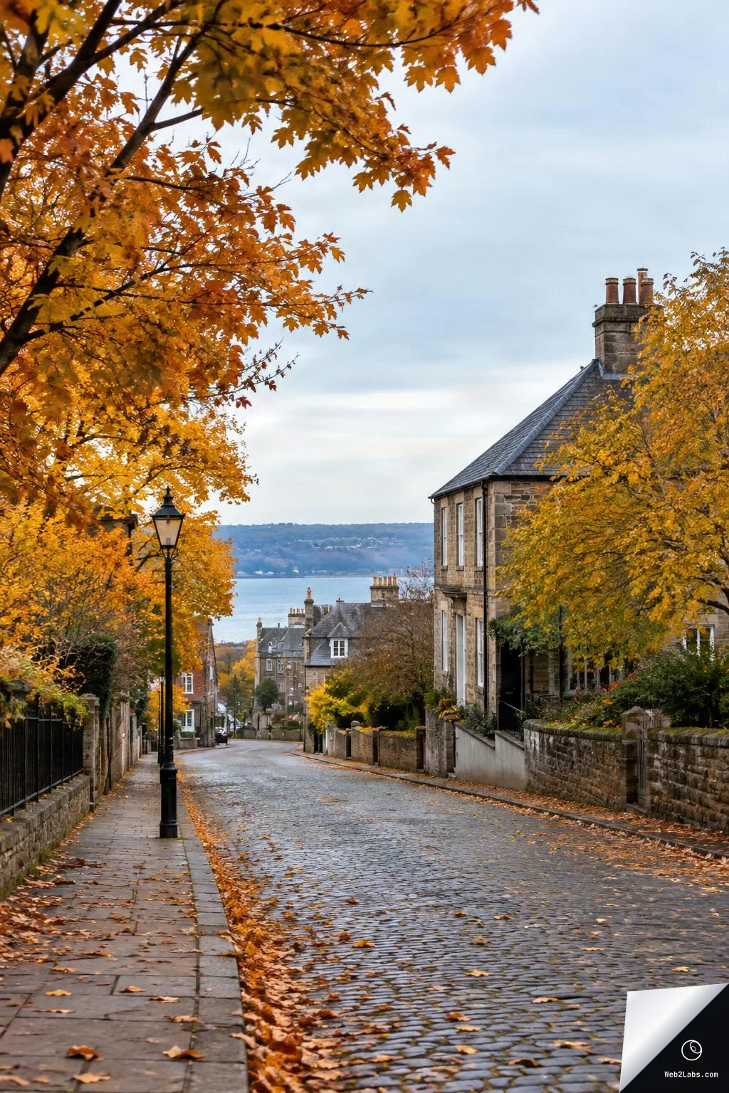 A quiet cobblestone street descending between stone buildings and golden autumn trees, with a black lamppost on the left and distant rooftops and water visible under a cloudy sky.