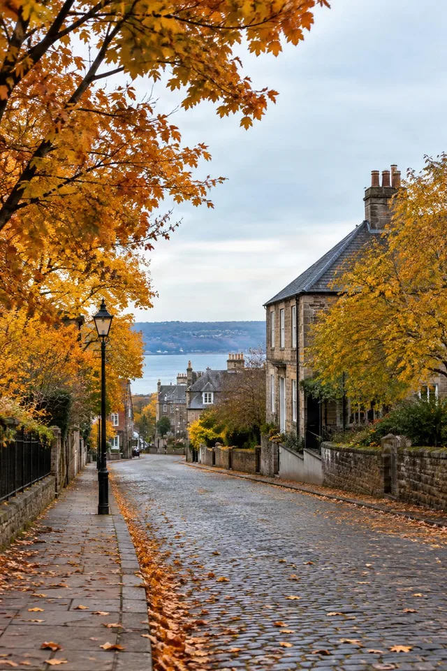 Autumn Cobblestone Street Overlook